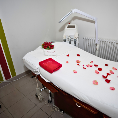 Behandlungsraum mit Massagetisch, roten Rosenblättern und einem dekorativen Blatt.